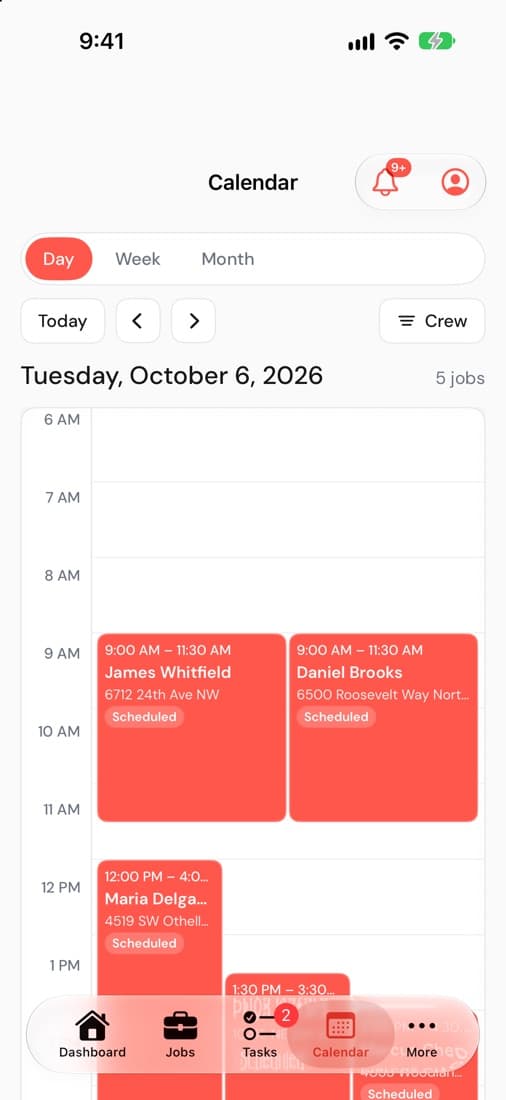 The day view of the calendar in the Subser iPhone app, showing five jobs laid out by the hour