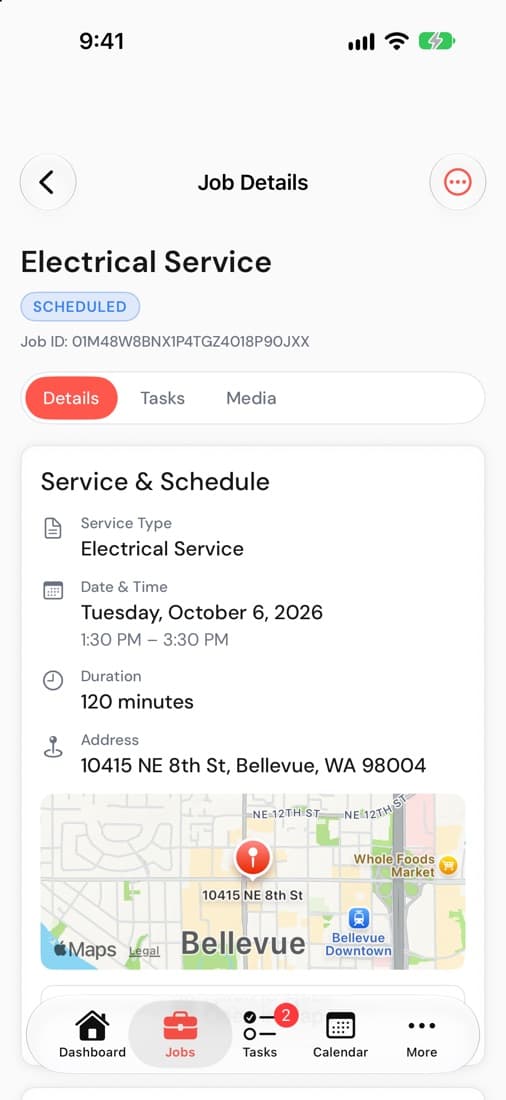 A job's details in the Subser iPhone app, with the service type, date and time, duration and address on a map