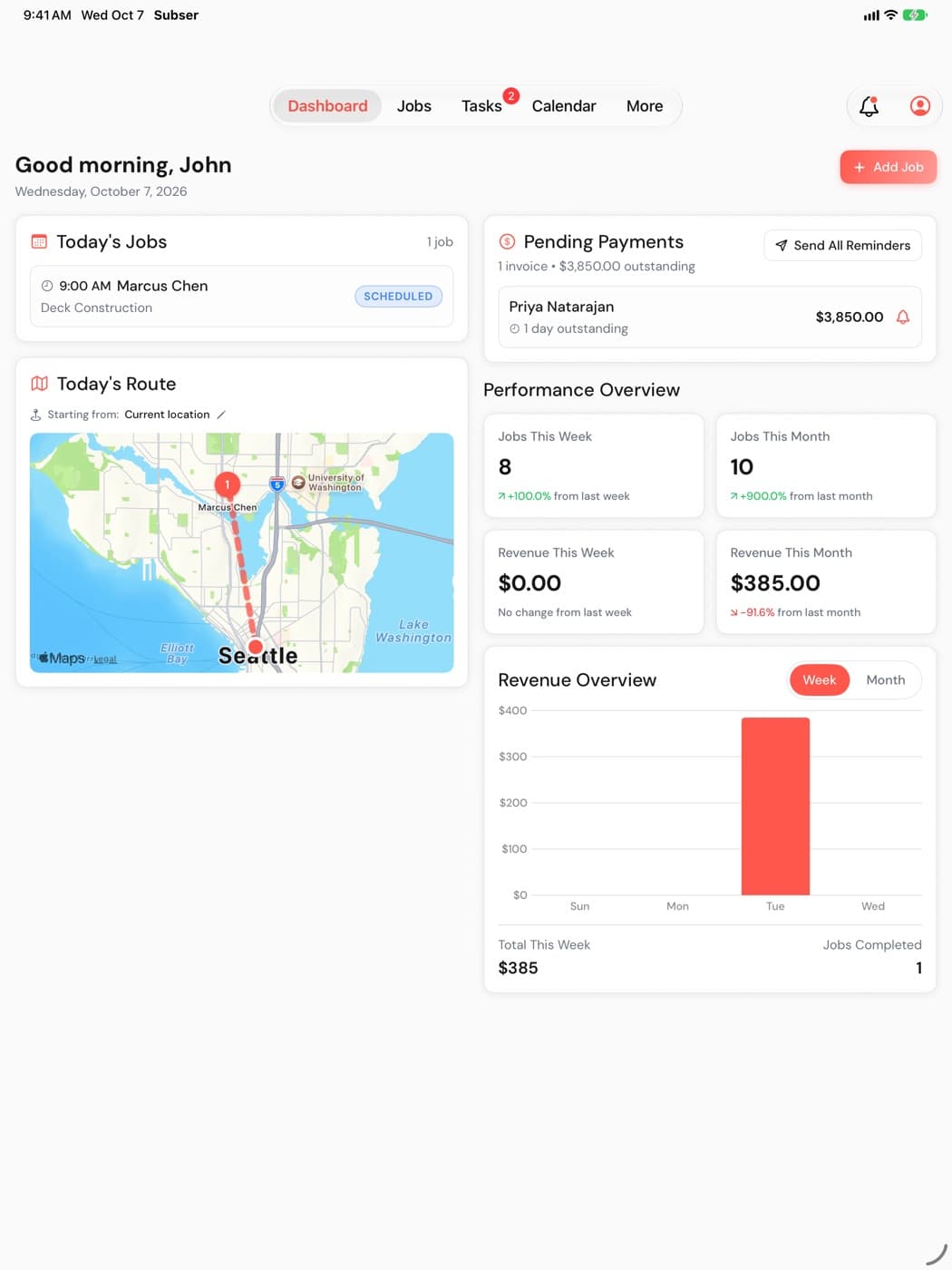 The Subser dashboard on iPad, with today's jobs, today's route on a map, pending payments and performance numbers