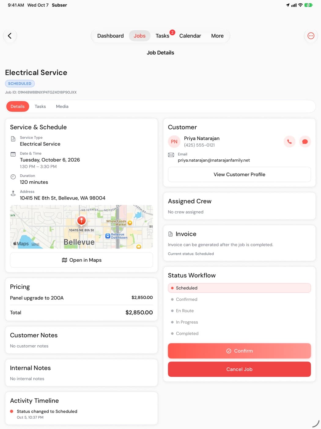 A job open in the Subser iPad app, showing service and schedule, pricing, customer card, assigned crew and the status workflow