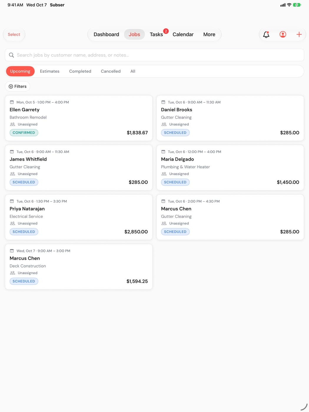 The upcoming jobs list in the Subser iPad app, with each job's time, customer, service, assignee, status and price