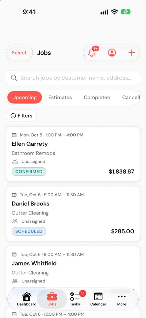 The jobs list in the Subser iPhone app, with tabs for upcoming jobs, estimates and completed work