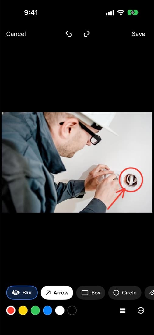 The photo markup editor in the Subser iPhone app, with a red circle and arrow drawn on a photo of an electrical box
