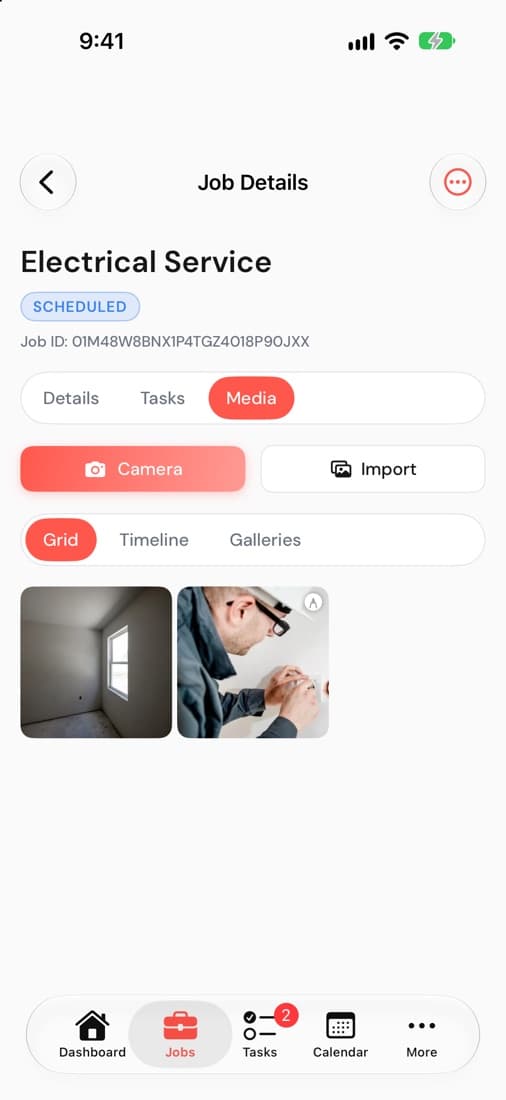 The Media tab of a job in the Subser iPhone app, with Camera and Import buttons and a grid of job photos