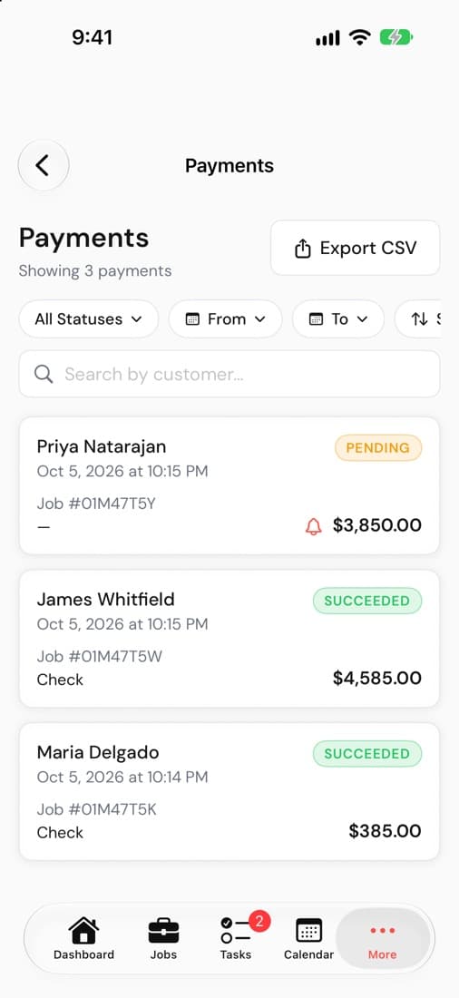 The Payments screen in the Subser iPhone app, listing pending and succeeded payments by customer