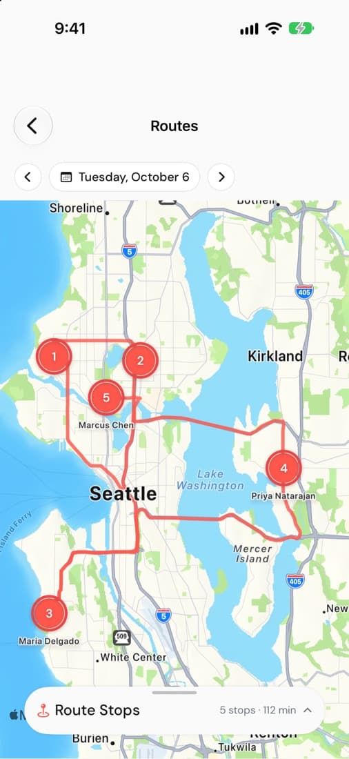 The Routes screen in the Subser iPhone app, with five numbered stops connected across a map of Seattle
