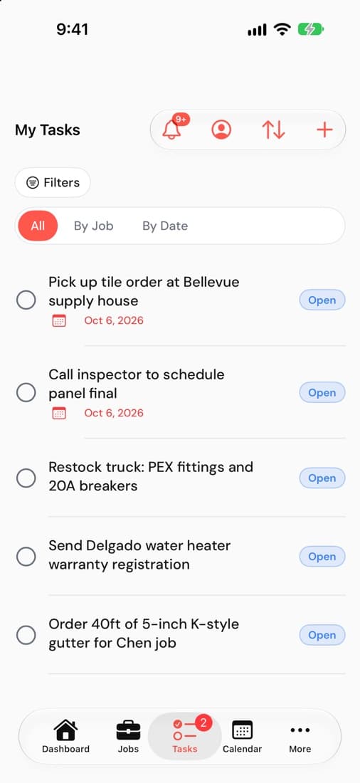 My Tasks in the Subser iPhone app, with open tasks like picking up a tile order and calling the inspector
