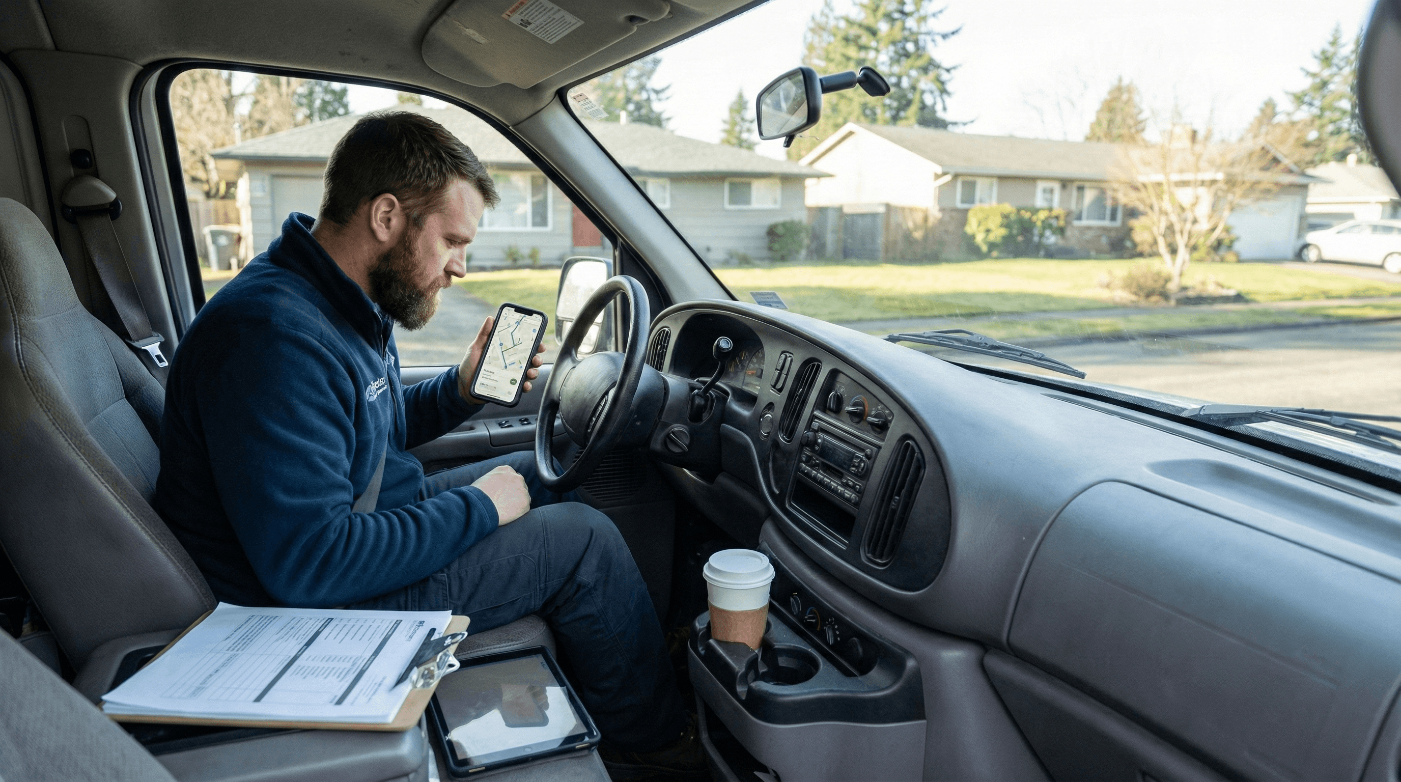 Technician checking route on phone in van